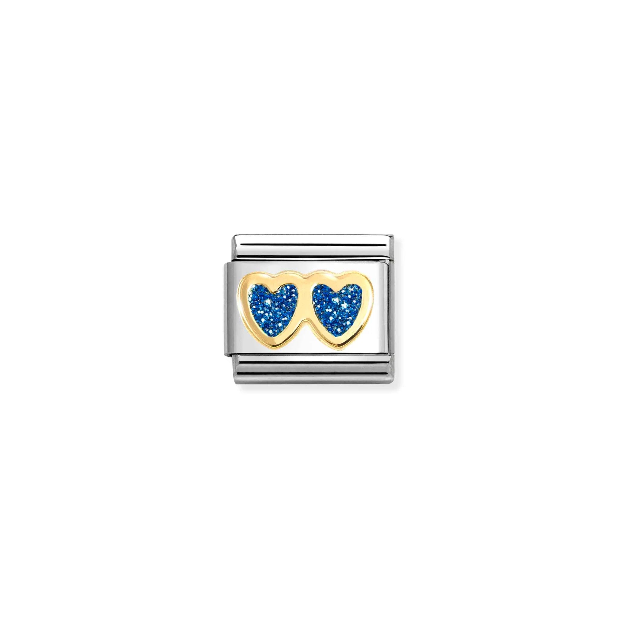 NOMINATION COMPOSABLE CLASSIC LINK 030220/11 DOUBLE HEART IN 18K GOLD & BLUE GLITTER ENAMEL