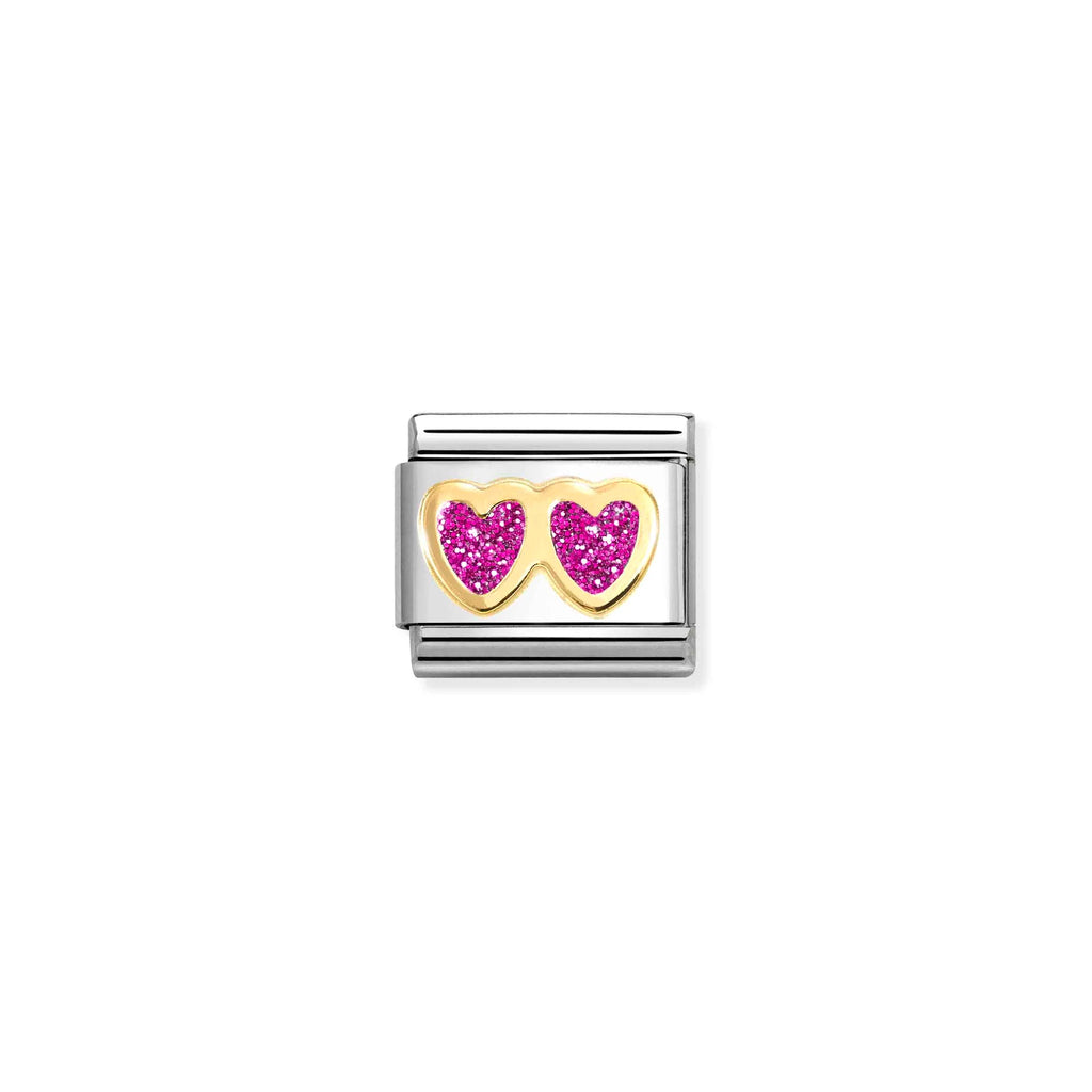 NOMINATION COMPOSABLE CLASSIC LINK 030220/13 DOUBLE HEART IN 18K GOLD & FUCHSIA GLITTER ENAMEL