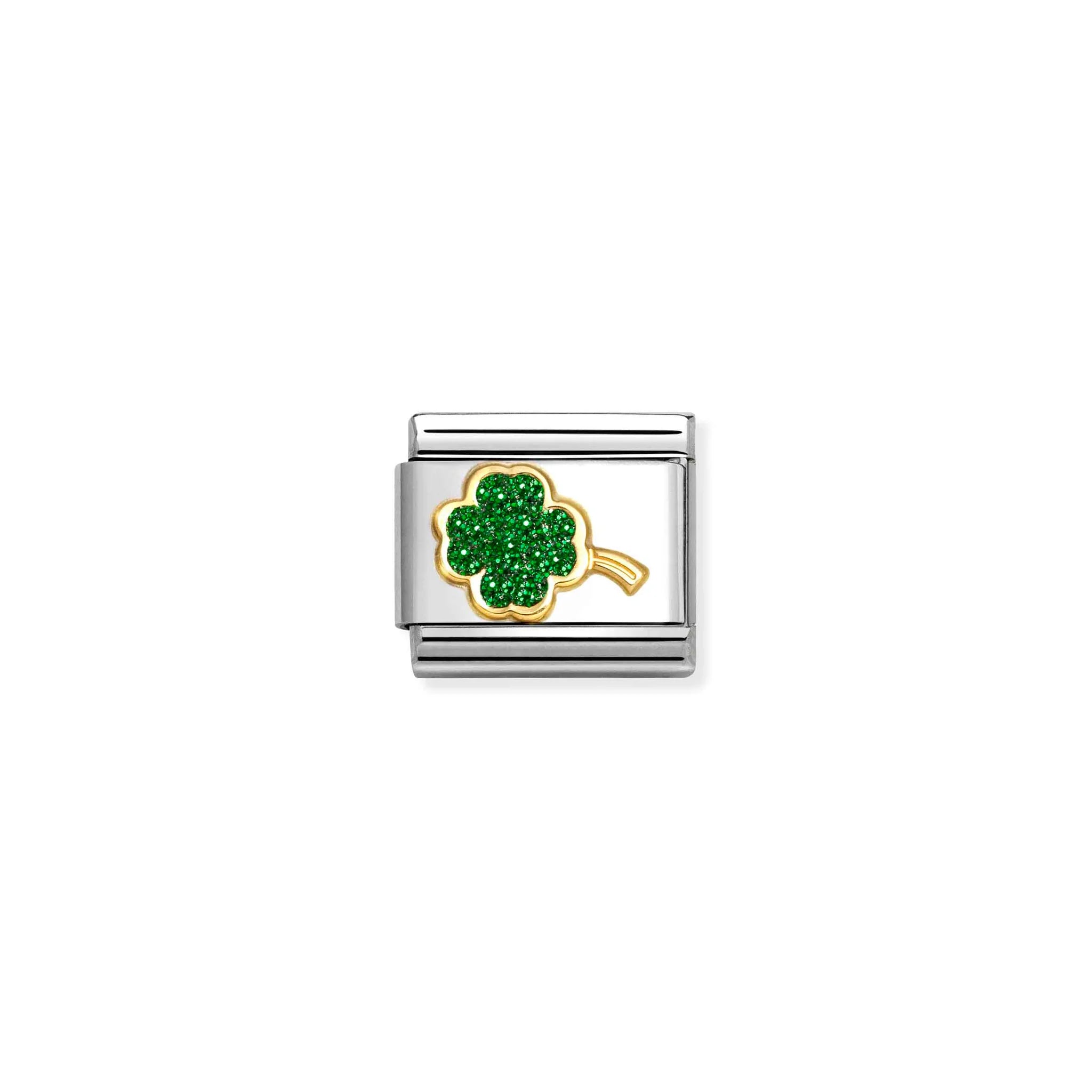 NOMINATION COMPOSABLE CLASSIC LINK 030220/18 FOUR-LEAF CLOVER IN 18K GOLD & GREEN GLITTER ENAMEL