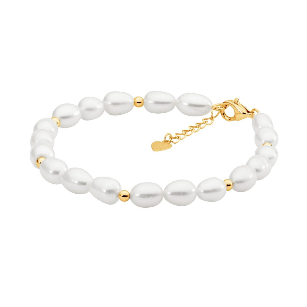 ELLANI COLLECTIONS S/S GOLD PLATED BEADS AND FRESHWATER PEARL BRACELET 17-18CM W/ EXT CHAIN