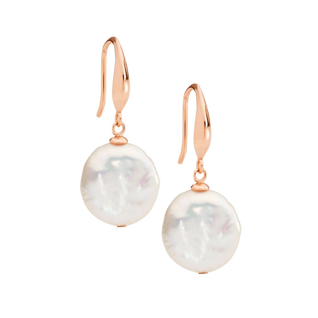 ELLANI COLLECTIONS S/S 12MM FRESHWATER COIN PEARL SHP HOOK EARRINGS W/ ROSE GOLD PLATING