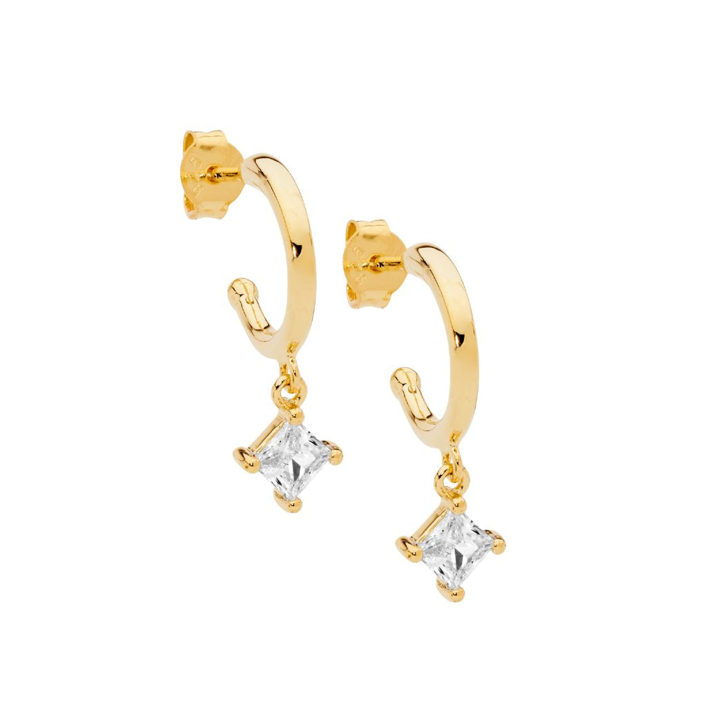 ELLANI COLLECTIONS SS 13MM HOOP EARRINGS W/ PRINCESS CUT WH CZ DROP W/GOLD PLATING