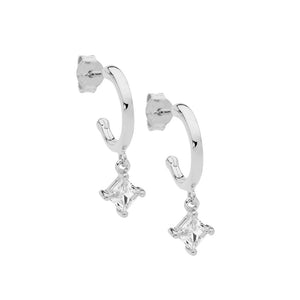 ELLANI COLLECTIONS SS 13MM HOOP EARRINGS W/ PRINCESS CUT WH CZ DROP