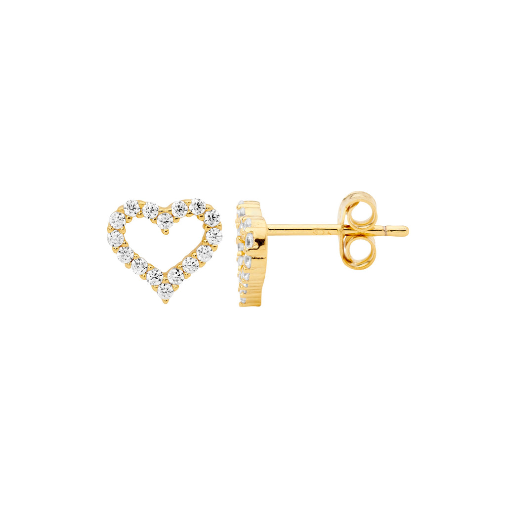 ELLANI COLLECTIONS S/S WH CZ 8MM OPEN HEART STUD EARRINGS W/ GOLD PLATING