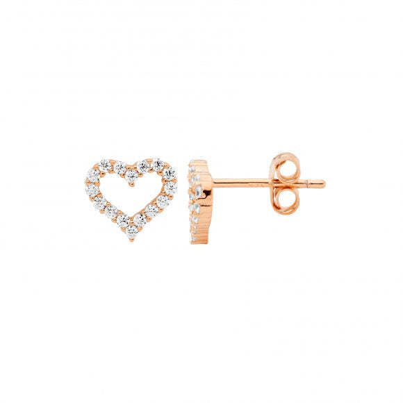 ELLANI COLLECTIONS S/S WH CZ 8MM OPEN HEART STUD EARRINGS W/ ROSE GOLD PLATING