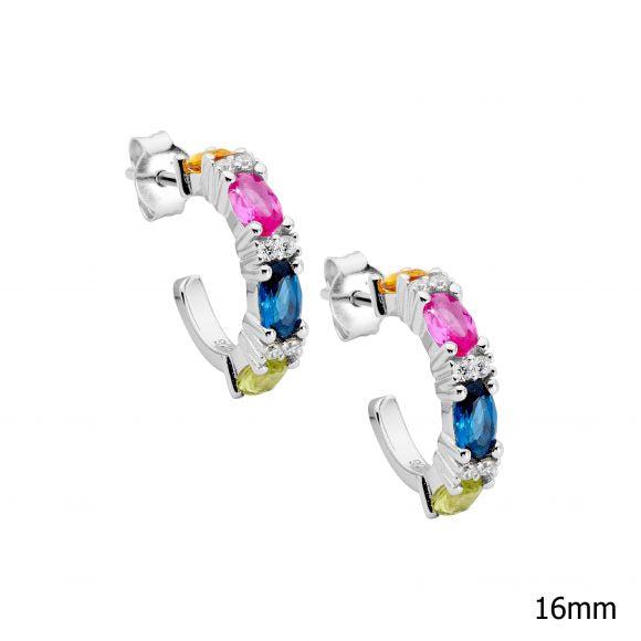 ELLANI COLLECTIONS SS MULTI COLOUR OVAL & RND CZ 16MM HOOP EARRINGS