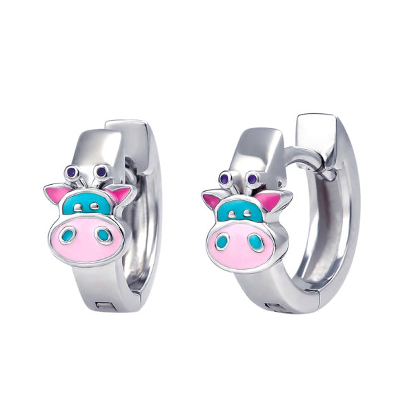 SS 925 KIDS ENAMEL COW HUGGIE EARRINGS
