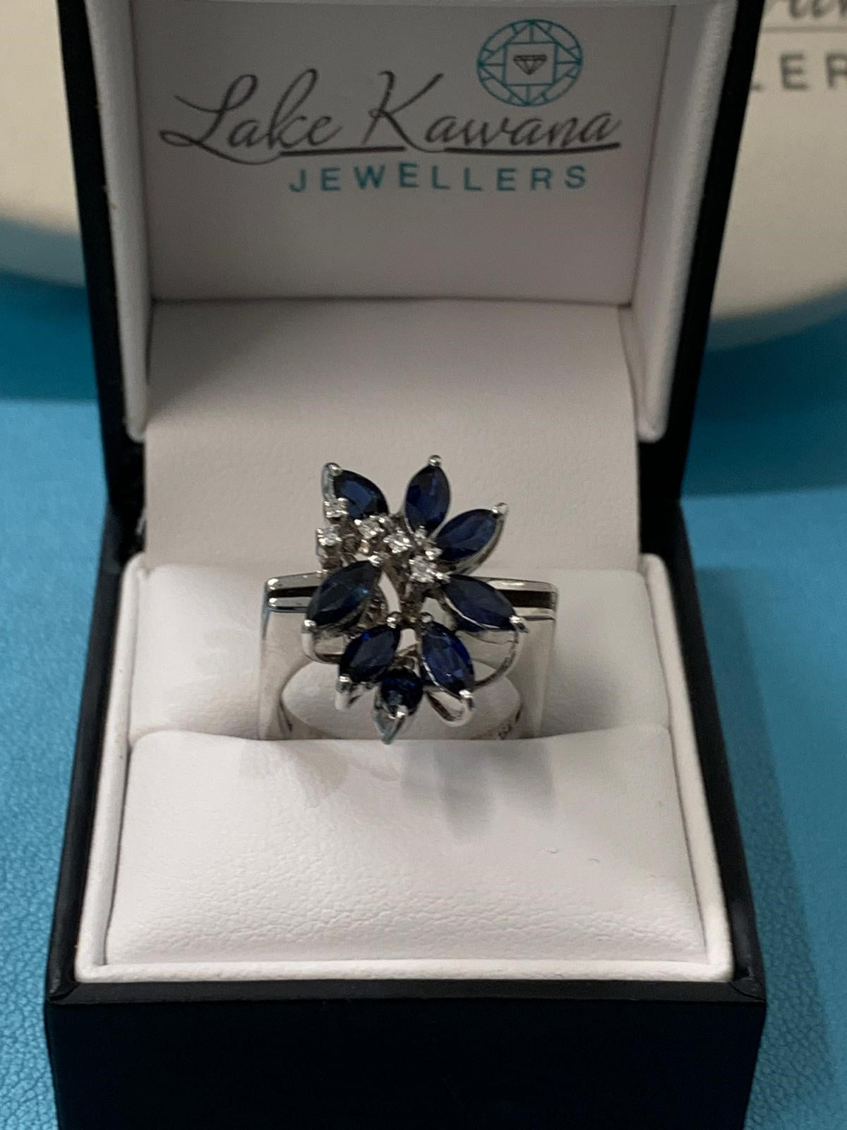 PRE LOVED 18K WG SAPPHIRE & DIA RETRO STYLE RING