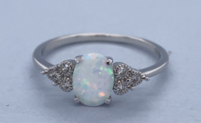 STERLING SILVER 925 OV WHITE SYNTHETIC OPAL+CZ PAVE RING - 8MM