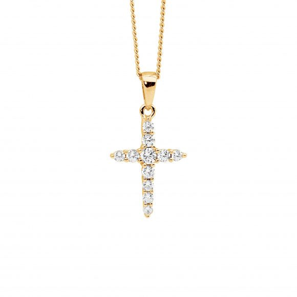 ELLANI COLLECTIONS SS WH CZ 15MM CROSS PENDANT W/ GOLD PLATING