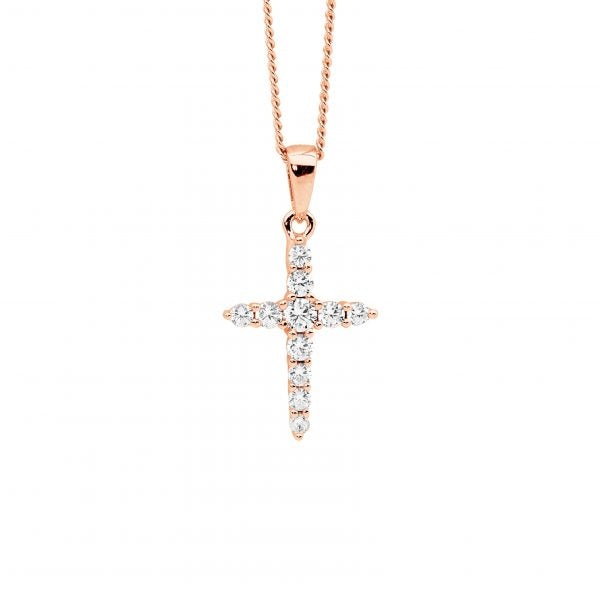 ELLANI COLLECTIONS SS WH CZ 15MM CROSS PENDANT W/ ROSEGOLD PLATING