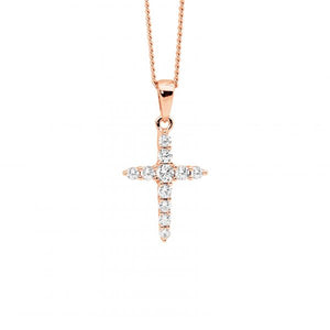 ELLANI COLLECTIONS SS WH CZ 15MM CROSS PENDANT W/ ROSEGOLD PLATING