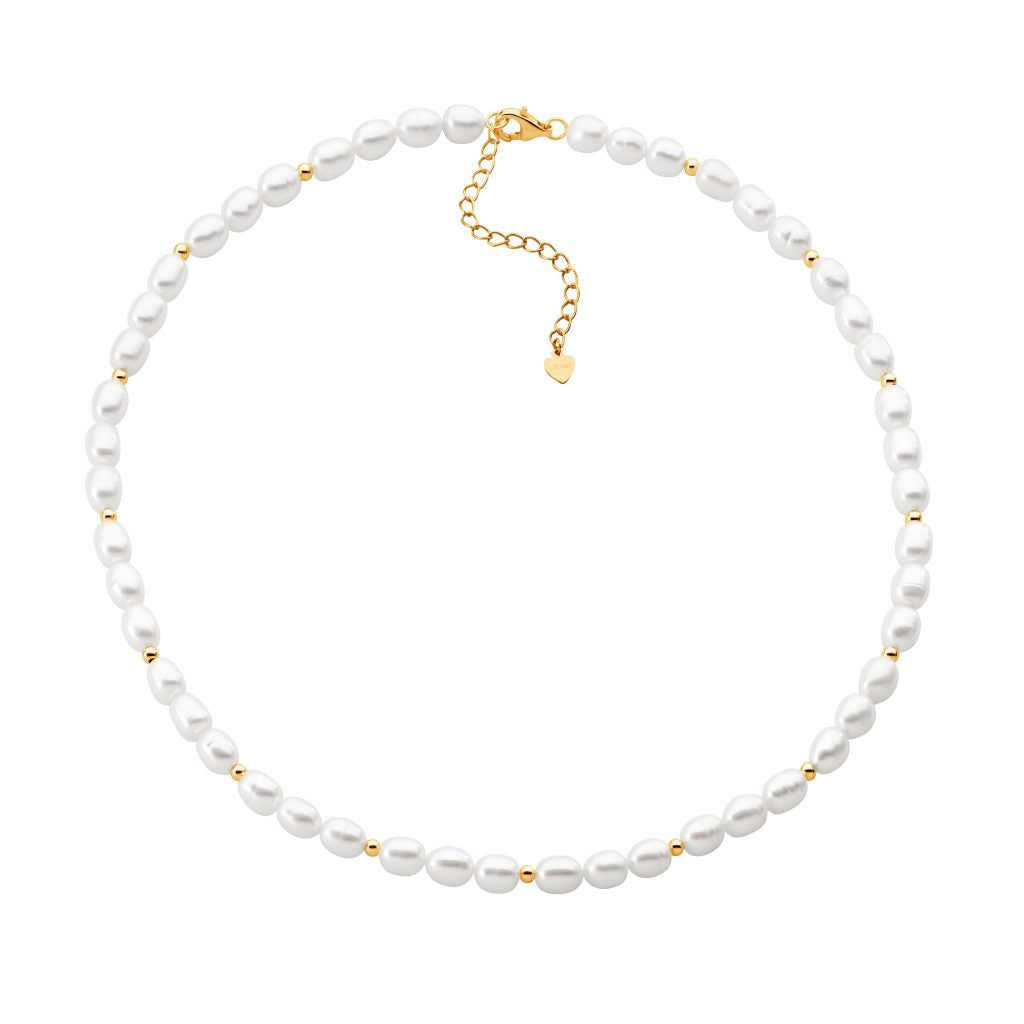 ELLANI COLLECTIONS S/S GOLD PLATED BEADS AND FRESHWATER PEARL NECKLACE 40CM W/ EXT CHAIN