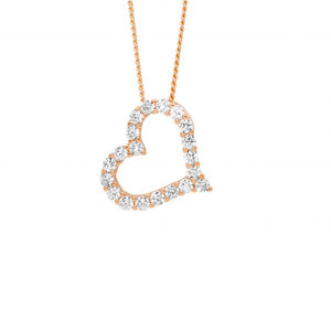 ELLANI COLLECTIONS SS WH CZ 13MM OPEN HEART ON ANGLE PENDANT W/ ROSE GOLD PLATING