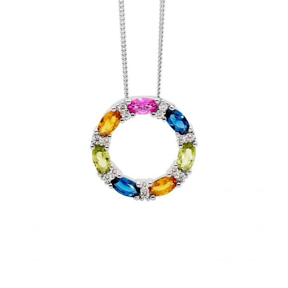 ELLANI COLLECTIONS SS MULTI COLOUR OVAL & RND CZ 18MM CIRCLE PENDANT