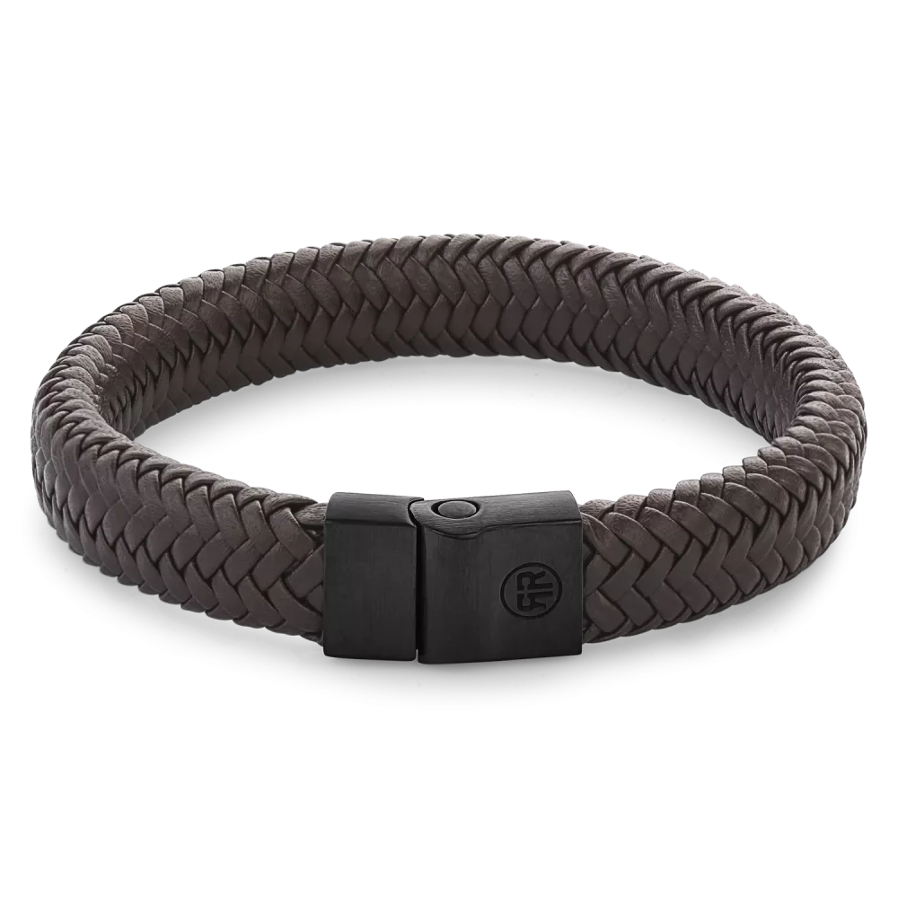 REBEL & ROSE LEATHER BRACELET RR-M0023-B FULL METAL HERRINGBONE BROWN BLACK