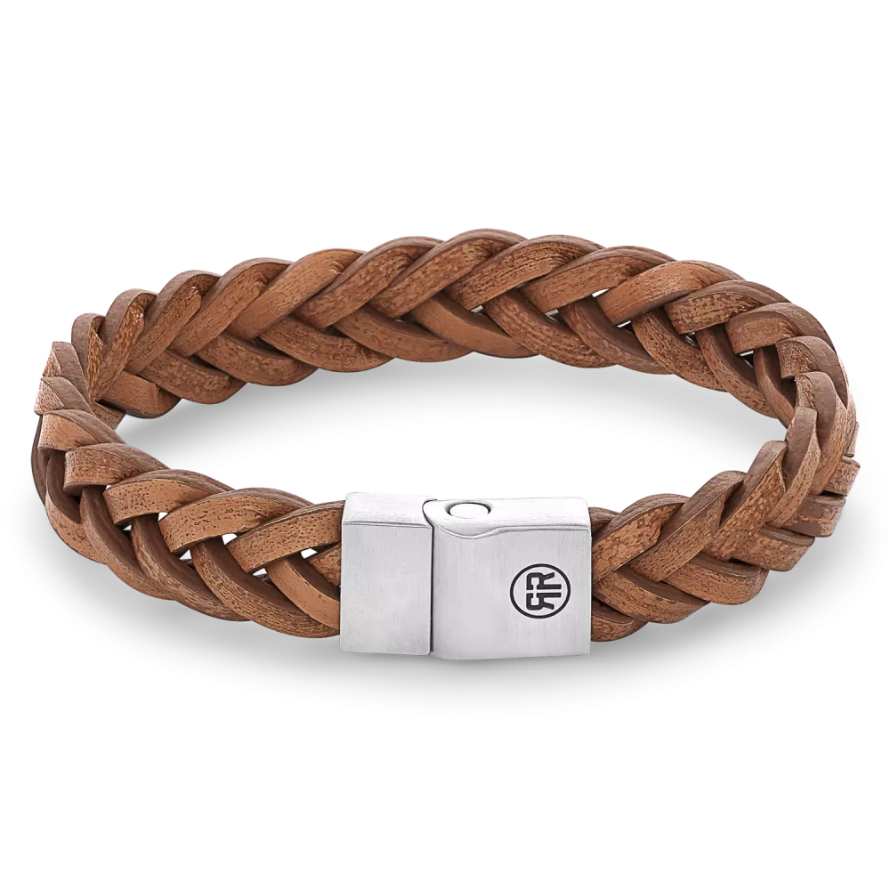 REBEL & ROSE LEATHER BRACELET RR-M0030-S FULL METAL BRAIDED COGNAC MATT