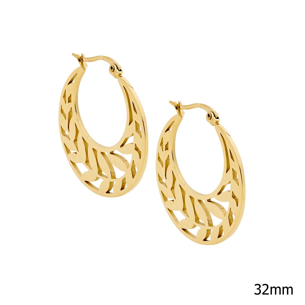 ELLANI COLLECTIONS STAINLESS STEEL 32MM HOOP EARRINGS W/ LEAF FEATURE & GOLD IP PLATING