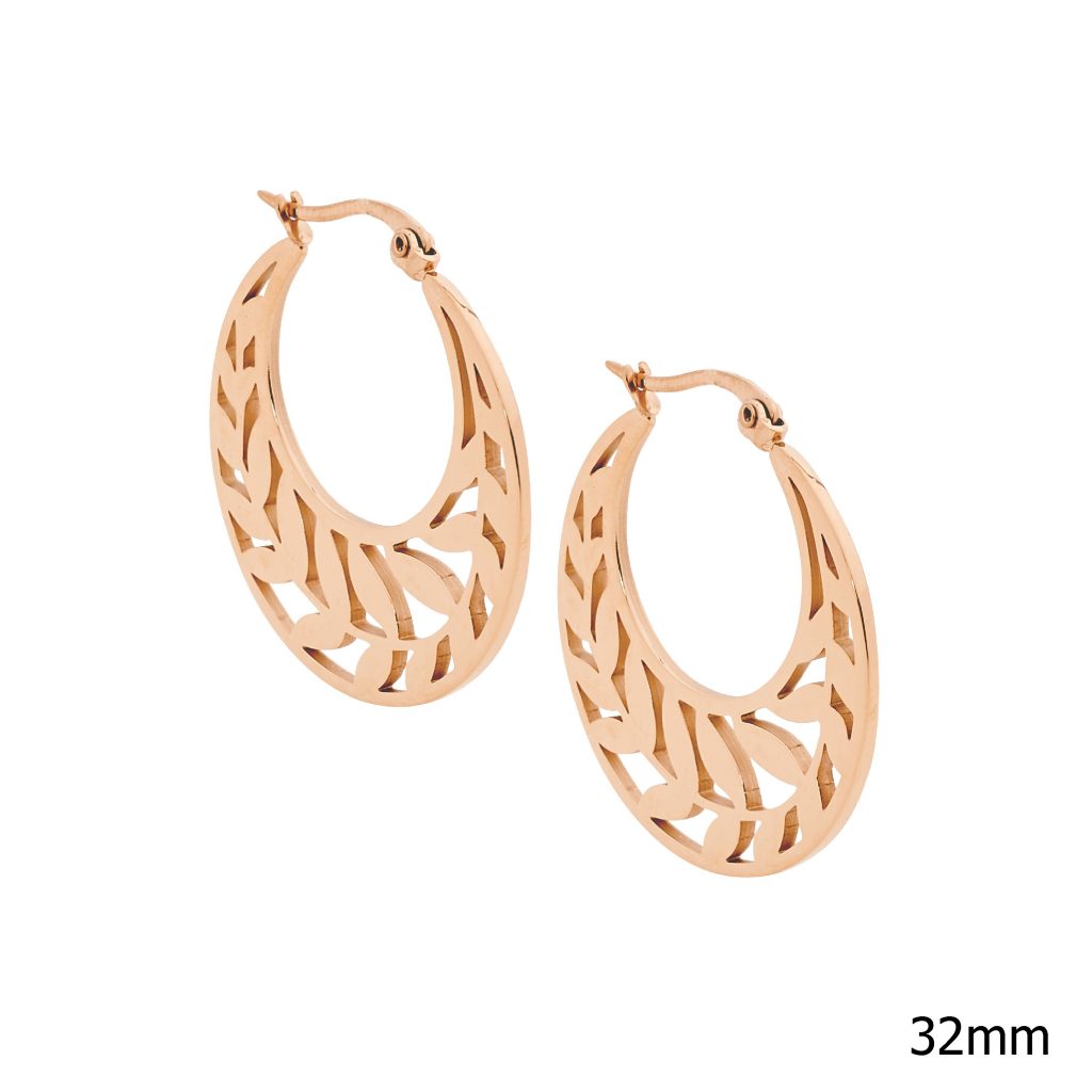 ELLANI COLLECTIONS STAINLESS STEEL 32MM HOOP EARRINGS W/ LEAF FEATURE & ROSE GOLD IP PLATING