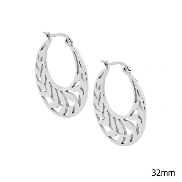 ELLANI COLLECTIONS STAINLESS STEEL 32MM HOOP EARRINGS W/ LEAF FEATURE