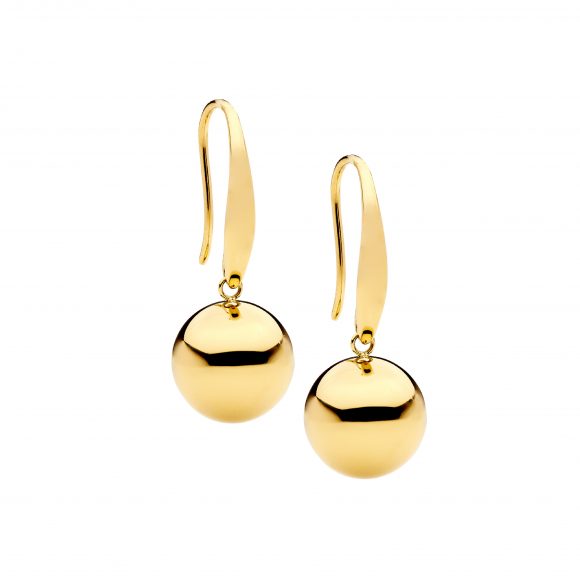 ELLANI COLLECTIONS STAINLESS STEEL DROP BALL ON SHP HOOK EARRINGS W/ GOLD IP PLATING