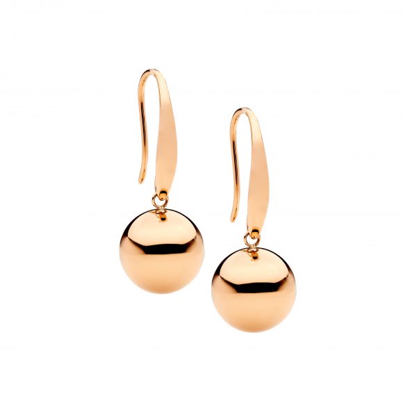 ELLANI COLLECTIONS STAINLESS STEEL DROP BALL ON SHP HOOK EARRINGS W/ ROSE GOLD IP PLATING