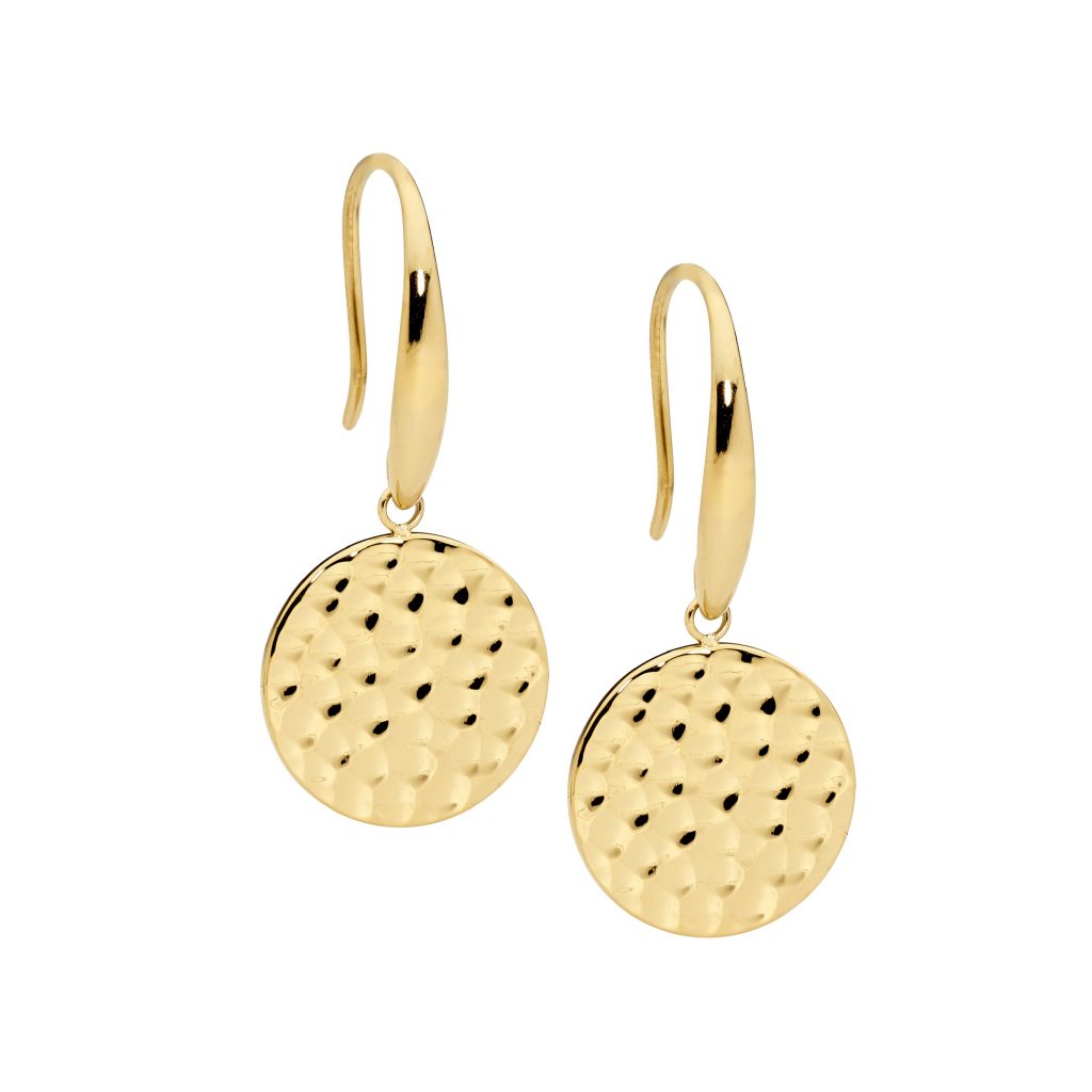 ELLANI COLLECTIONS STAINLESS STEEL 15MM HAMMERED DISK ON SHP HOOK EARRINGS W/ GOLD IP PLATING