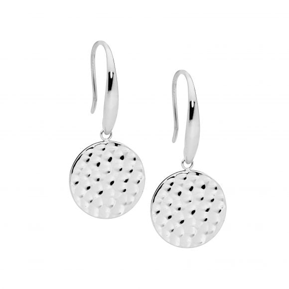 ELLANI COLLECTIONS STAINLESS STEEL 15MM HAMMERED DISK ON SHP HOOK EARRINGS