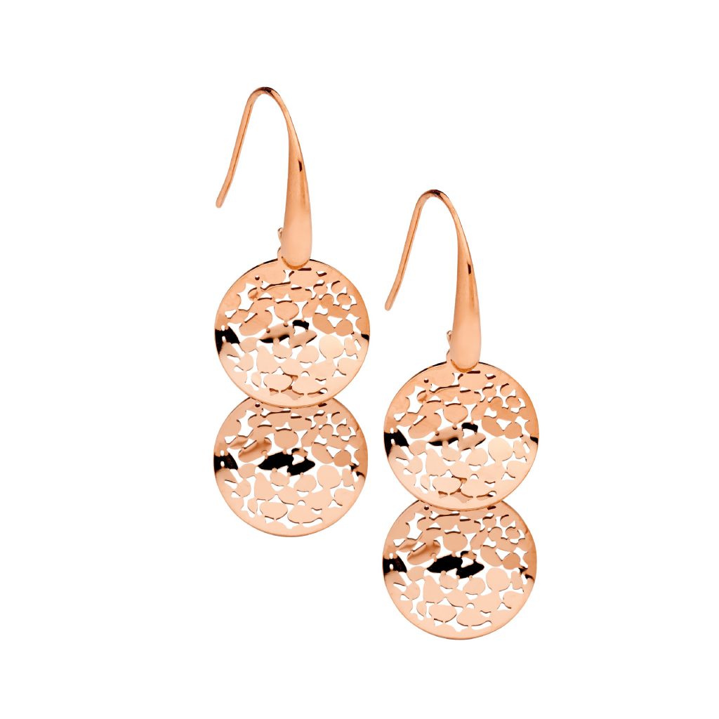 ELLANI COLLECTIONS STAINLESS STEEL WAVE DISC X2 ON SHP HOOK EARRINGS W/ ROSE GOLD IP PLATING