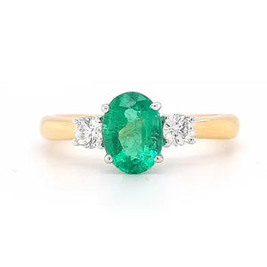 18K YW NATURAL EMERALD 1.05CT & DIA 0.25CT TRILOGY RING