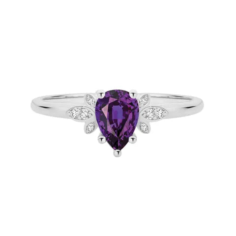 18K WG NATURAL AMETHYST 7X5MM & DIA 0.06CT RING