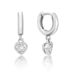 SS 925 KIDS RHP 11.5MMX5MM HUGGIE EARRINGS WITH CZ HEART DANGLE