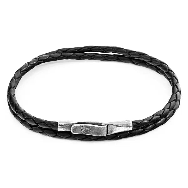 ANCHOR & CREW LIVERPOOL SILVER BLACK BRAIDED LEATHER BRACELET