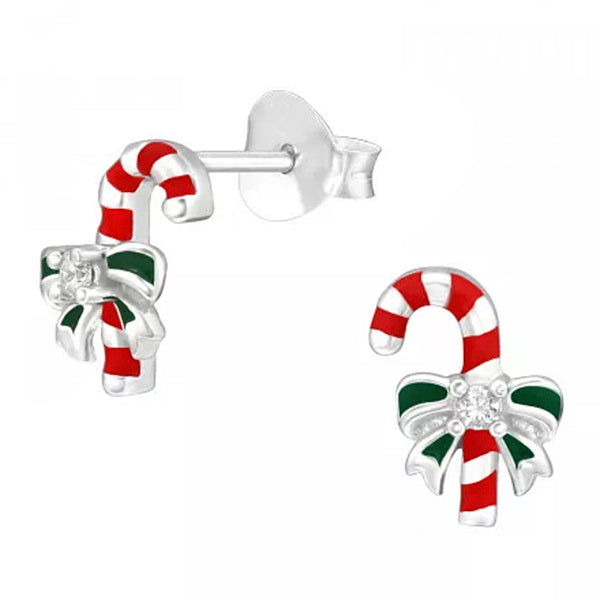 SS 925 KIDS ENAMEL CANDY CANE STUD EARRINGS