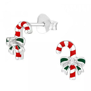 SS 925 KIDS ENAMEL CANDY CANE STUD EARRINGS