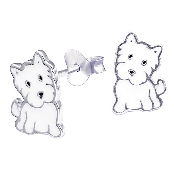 S/S 925 KIDS ENAMEL WHITE DOG STUD EARRINGS