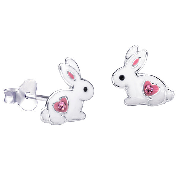 S/S 925 KIDS ENAMEL WHITE RABBIT WITH PINK HEART STUD EARRINGS